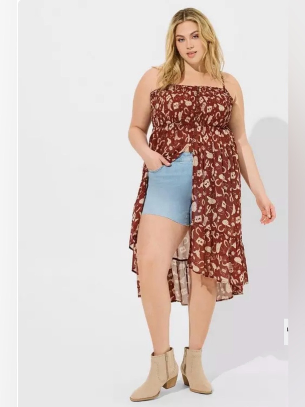 torrid Maroon and Cream Printed Smocked Button Front Top
